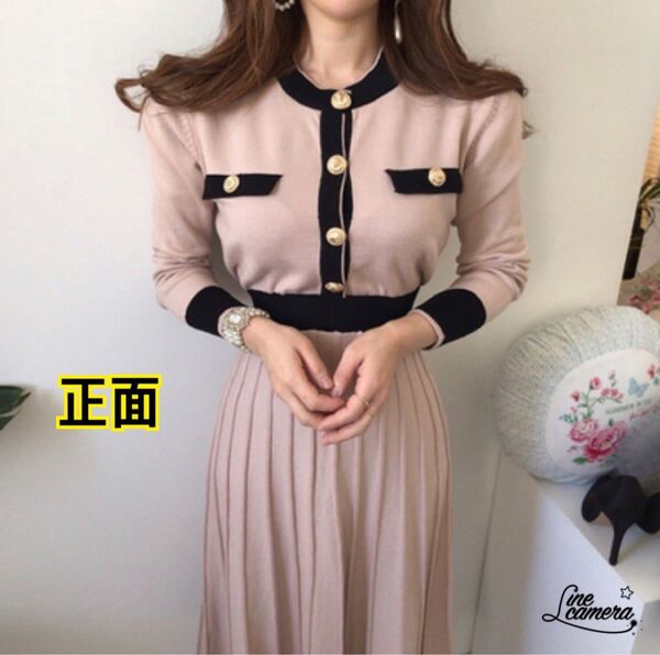 F【新品】冬 春 中厚手 リボンベルト付き ニット マキシ丈 ピンク 韓国