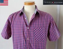 ★ メンズ トミーヒルフィガー TOMMY HILFIGER ギンガムチェック柄 バックビッグロゴ 半袖 シャツ ビッグサイズ US L 日本XLサイズ _画像1