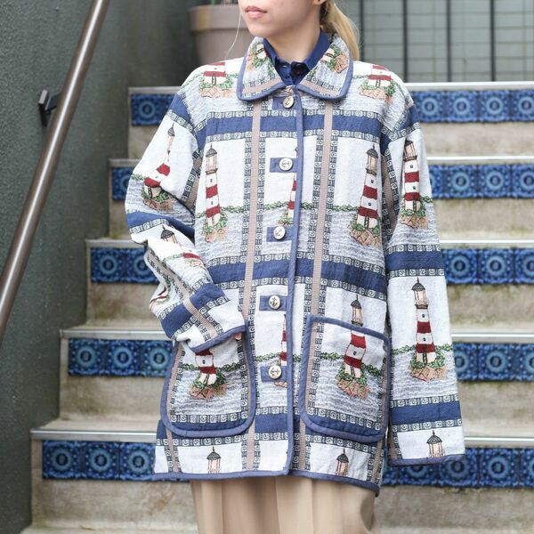 USA VINTAGE LIGHTHOUSE PATTERNED EMBROIDERY JACQUARD DESIGN JACKET/アメリカ古着灯台柄刺繍ジャガードデザインジャケット