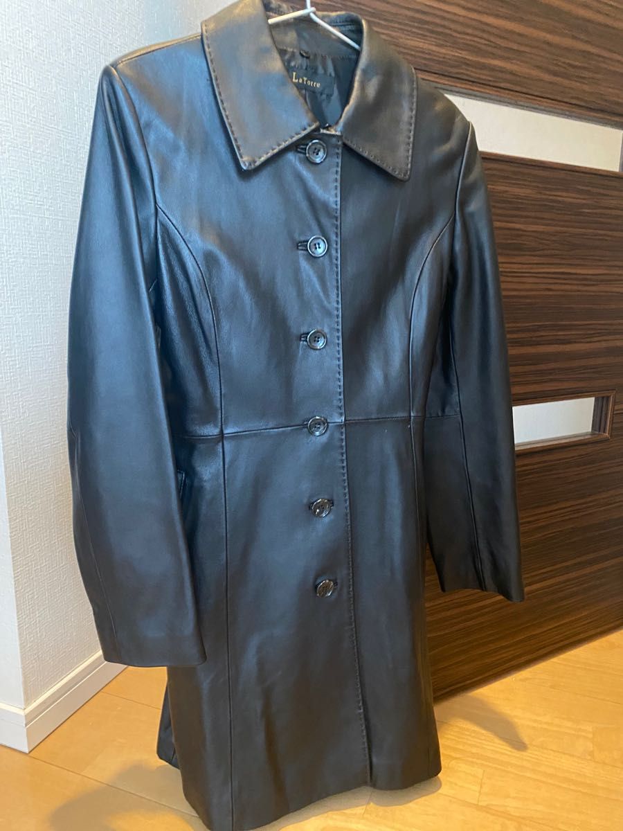 未使用品 ラムレザー×ウール ロングコート ジップアップ 羊革 デニム
