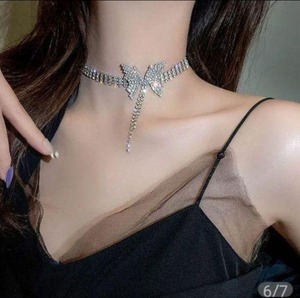  necklace butterfly choker rhinestone gorgeous silver lady's 