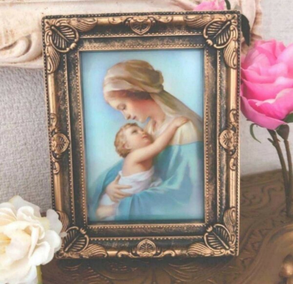 マリア様 美しい聖母子像 アンティーク調フレーム 卓上額