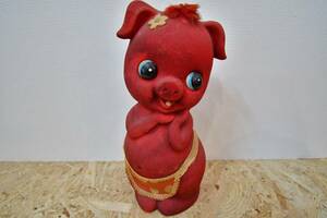  Showa Retro antique savings box lovely red pig pig .. Chan apron attaching objet d'art ceramics made 