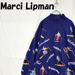 【人気】Marci Lipman ハーフジップ トレーナー 裏起毛 スキー柄 ブルー サイズONE/S4925