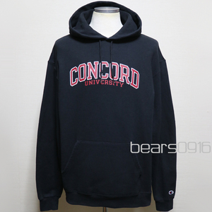 アメリカ購入 USED品 CHAMPION チャンピオン CONCORD UNIVERSITY ラバープリント パーカー フーディー 黒 L