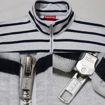 極美品 Supreme 2016AW Striped Half Zip Sweat シュプリーム ストライプハーフジップスウェットシャツボーダートレーナー 袖ロゴ 灰×紺 S_画像9