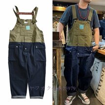 R295新品メンズ サロペット オーバーオール つなぎ オールインワン サスペンダーズボン ペインター作業服 色切替 S-2XL 紺_画像6