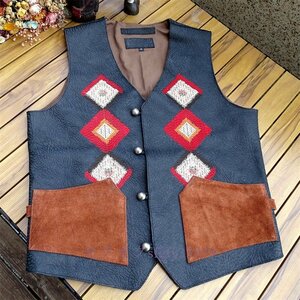 P814新品ヴィンテージ 復刻 レザージャーキン ベスト 本革 刺繍 牛革 ナバホ柄 Ｓ～5XL ライダース 黒