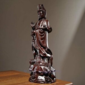 R035新品美品 仏教美術 木彫仏像 精密細工 木彫り 黒檀木 観音菩薩像 仏像 置物 高さ30cm