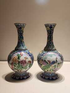 清朝期　七宝焼 景泰藍花入　一対　花卉文花瓶　中国美術 古玩 粉彩 唐物　銅器　