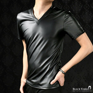 9#193201a-1bk BLACK VARIA 光沢 ストレッチ スリム 半袖 Vネック Tシャツ メンズ 日本製 無地 (マットブラック黒) M シンプル インナー