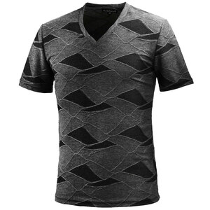 9#181303-gy BLACK VARIA 幾何学 パッチワーク柄 ジャガード立体 半袖VネックTシャツ メンズ(グレー灰ブラック黒) 3L モードカジュアル