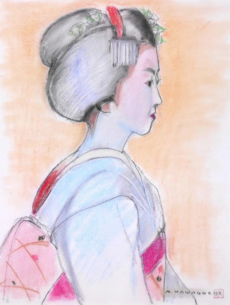 Masaharu Kawaguchi Maiko Profil ◆Peinture pastel n°8◆Signée, Signé à la main ◆ Collection du Musée d'art de la préfecture d'Aichi ! Artiste talentueux ! Nikikaï ! Encadré, Ouvrages d'art, Peinture, Dessin au pastel, Dessin au crayon