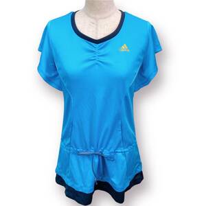 m727 adidas アディダス 半袖 Tシャツ ブルー 水色 ロング丈 CLIMALITE トレーニングウェア バドミントン レディース古着 Mサイズ相当