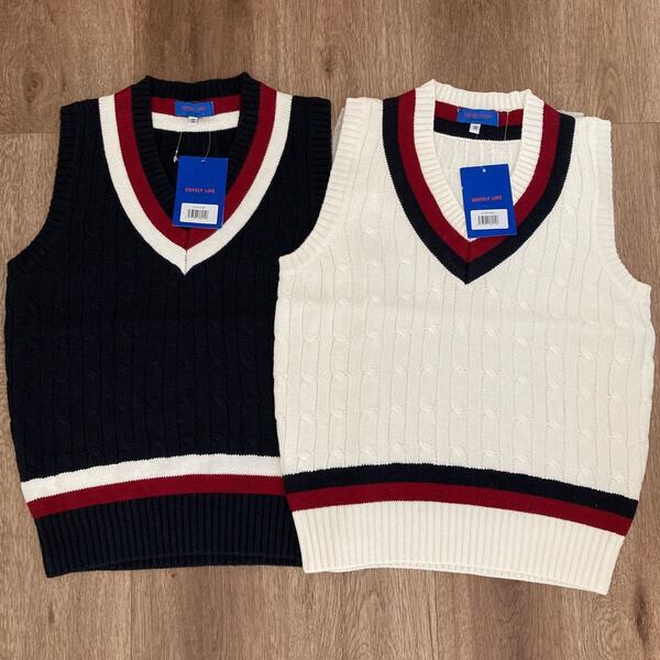 ニットベスト ネイビー ホワイト 130 制服 学生 新品未使用 スクールベスト ニットベスト コットンベスト