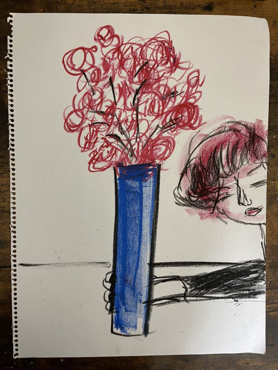 Pintor Hiro C regalando flores, Obra de arte, Cuadro, dibujo al pastel, Dibujo con crayón