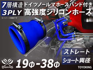 バンド付 高強度 シリコンホース ショート 異径 内径Φ19→38mm 全長76mm ブルー 日産 スポーツカー 耐熱ホース 汎用