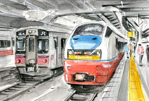 ●【鉄道の水彩画】 第8176号「特急つがる号」奥羽本線・秋田駅／田中千尋（四季水彩）画 ／ 秋田駅の「硬券入場券のキーホルダー」付き！