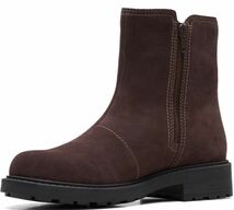 送料無料 Clarks 24.5cm チェルシー チャンキー ヒール サイドゴア ダークブラウン スエード レザー 革 スニーカー パンプス ヒール AAA108_画像4