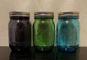 希少3色セット100周年記念USA製BallメイソンジャーMASON紫/緑/青レアカラー米製アメリカ製ビンテージ復刻オールド完品デッドストック瓶ビン