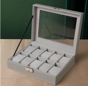 腕時計ケース コレクションボックス レザー風 白ステッチ 鍵付き (グレー×10本収納)の商品画像