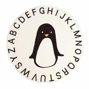 デザインマット 円形 ポップな動物のイラスト 大文字アルファベット 滑り止め加工 (ペンギン)