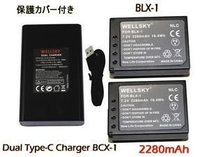 BLX-1 互換バッテリー 2個 ＆ BCX-1 デュアル USB Type C 急速互換充電器 バッテリーチャージャー 1個 [ 3点セット] OM SYSTEM OM-1