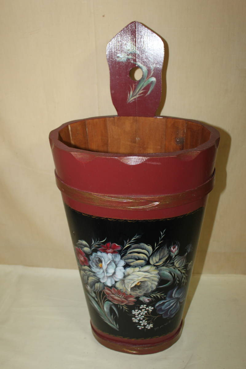 ☆99MARiko Vase en forme de seau en bois peint à la main, vase à fleurs en laque, ensemble de compositions florales, pot bassin d'eau en bois, japonais moderne rétro ☆, Ouvrages d'art, Peinture, autres