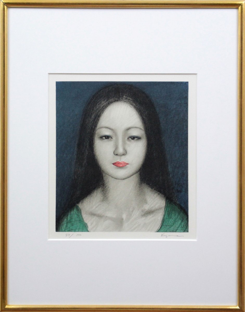 Kazama Kan Mädchen in Grün Lithographie [Authentizität garantiert] Gemälde - Hokkaido Gallery, Kunstwerk, Drucke, Lithografie, Lithographie