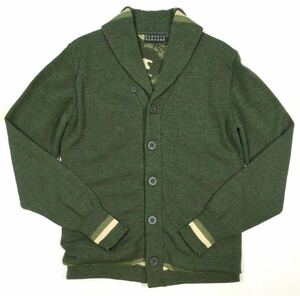 ！ 美品「BARNEYS NEW YORK」ショールカラー カモフラージュ柄ライニング ミドルゲージ ニットジャケット Green SIZE:L/S-M相当