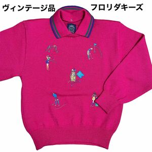 【一点物】古着★フロリダキーズ★セーター★ピンク★刺繍★日本製★肩パット有り