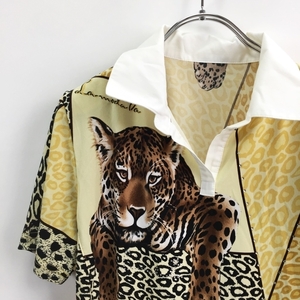 デザインシャツ★Tamamono 半袖カットソー 肩パッドあり 豹柄 レオパード ラインストーン イエロー系 サイズ不明 レディース