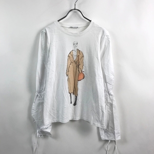 袖ひも付き★ZARA/ザラ 長袖 デザインTシャツ プリント コットン100% ホワイト 白 USA サイズS レディース
