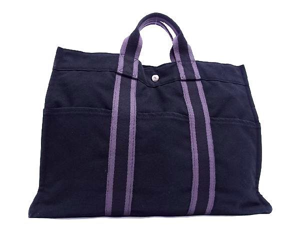 1円 ■美品■ HERMES エルメス フールトゥMM キャンバス シルバー金具 トート ハンドバッグ 手提げかばん ブラック系 AE1704hU
