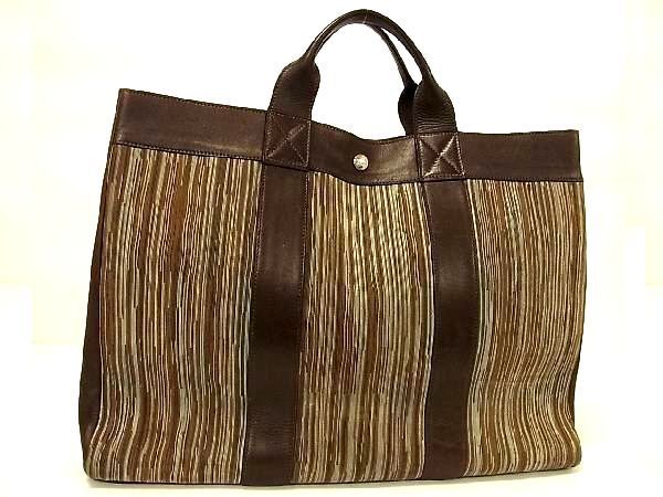 1円 HERMES エルメス フールトゥMM ヴィブラート ハンドバッグ トート 手提げかばん □F刻印 メンズ レディース ブラウン系 BB6007LN