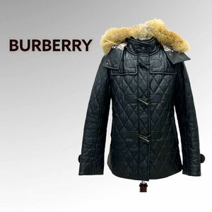 BURBERRY LONDON バーバリー 裏地チェック柄 羊革 ラムレザー フォックスファー フード付き キルティング 中綿ダッフルコート FR070-781-09