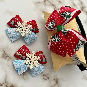 H-4 クリスマス☆キッズ カチューシャ+ヘアクリップ☆ダブルリボン *ハンドメイド* 3個SET