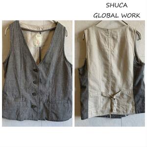 SHUCA GLOBAL WORK 麻混 ショート丈ベスト リネン ナチュラル　gｗ35