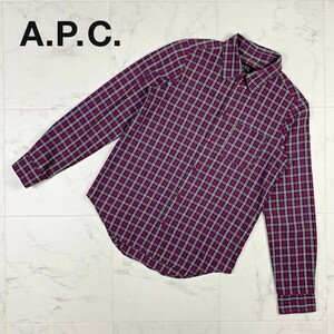 美品 A.P.C. アー・ペー・セー 小さいサイズ チェック長袖シャツ メンズ トップス 臙脂 サイズ34*HB474