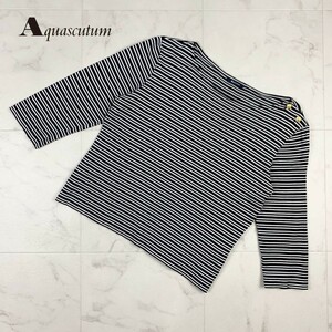 Aquascutum アクアスキュータム 七部袖カットソー プルオーバー マルチボーダー ゴールドボタン レディース 黒 ブラック サイズ6s*HB1581