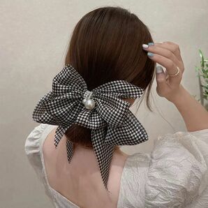 千鳥格子柄 リボンバレッタ ヘアアクセサリー クリップ 韓国 パール秋冬