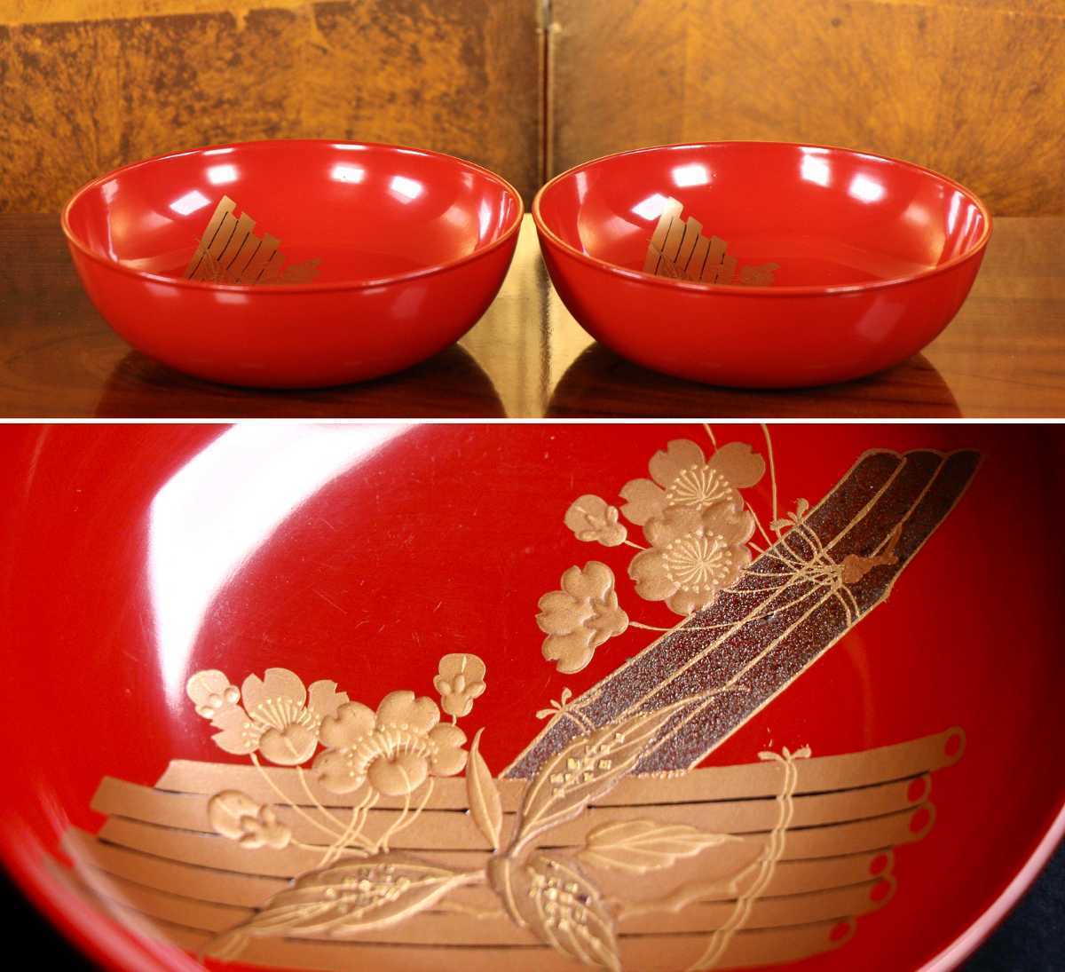 CCK01 時代輪島塗朱塗松竹梅金蒔絵椀五客 煮物吸物汁椀高盛正月茶懐石