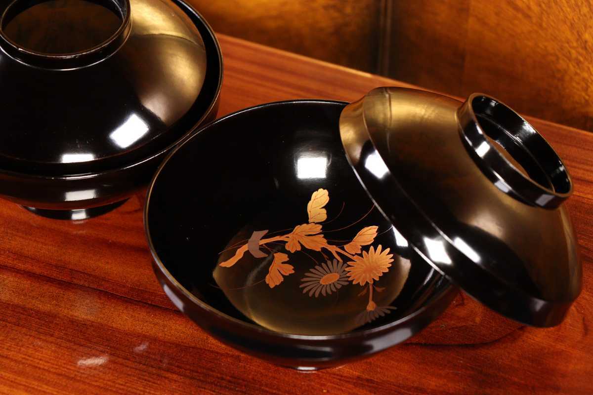 CBK28 時代漆器輪島塗 本金松蒔絵糸目椀五客 内黒塗 黒漆茶懐石煮物