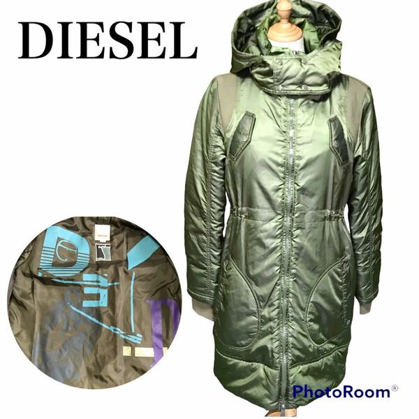 【美品】DIESEL ディーゼル ベンチコート ミリタリージャケット グリーン 光沢 ダウンコート ダウンジャケット ブルゾン アウター