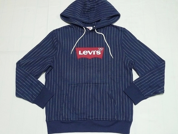 新品Levisリーバイス[ContrastPullOverHoodie]ロゴスウェットパーカーM(S)紺x白ストライプ\8800