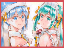 ☆同人手描きイラスト 色紙 原画 　　ボーカロイド 雪ミク＆初音ミク 「サンタガールズ」_画像1