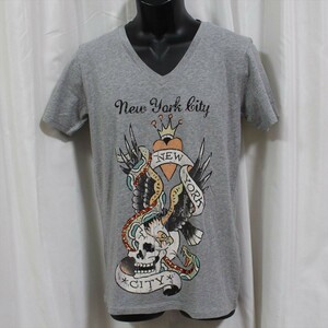 エドハーディー ed hardy メンズ半袖Tシャツ PA057 NEW YORK CITY スパンコール グレー 新品 Vネック