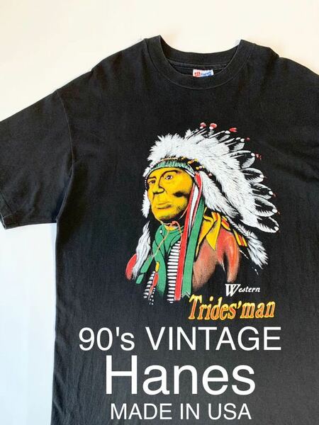 美品 90's VINTAGE hanes インディアンヘッド USA製 半袖 Tシャツ シングル ビンテージ 90年代 ネイティブアメリカン ヘインズ Hanes