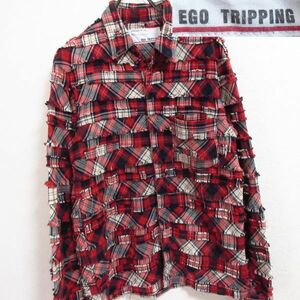 EGO TRIPPING エゴ トリッピング◆メンズL 赤◆リメイク 再構築 ダメージ ネルシャツ つぎはぎ パッチワーク チェック ライトアウター/B27