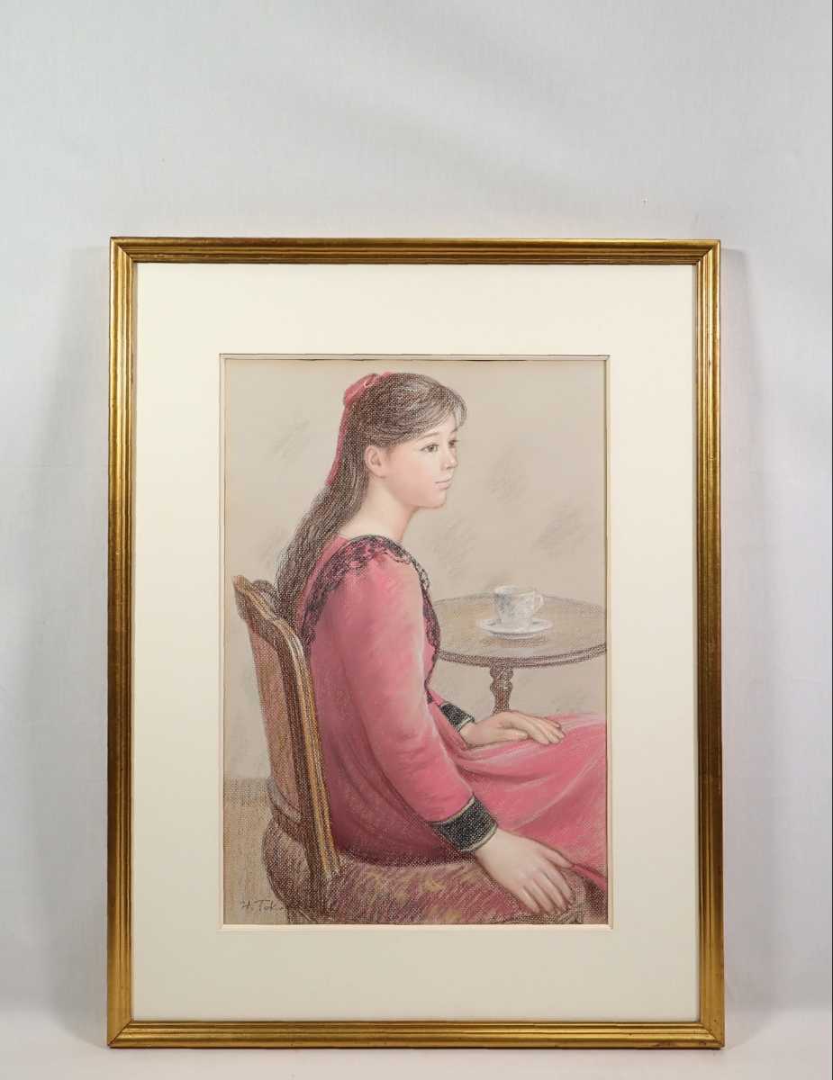 Genuine work by Hiroyuki Tokuda, pastel Woman in red clothes Size: 37.5cm x 55cm Born in Chiba Prefecture, member of Hakujitsukai, one piece painting available, a neat and refined young lady 6675, Artwork, Painting, Pastel drawing, Crayon drawing